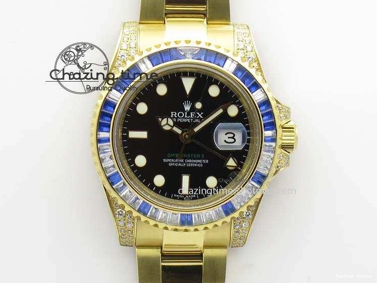 0414 GMT-Master II 116759 YG Bp-Maker Blue Ruby Crystal Bezel Black Dial On YG Bracelet A NewStyle 3775